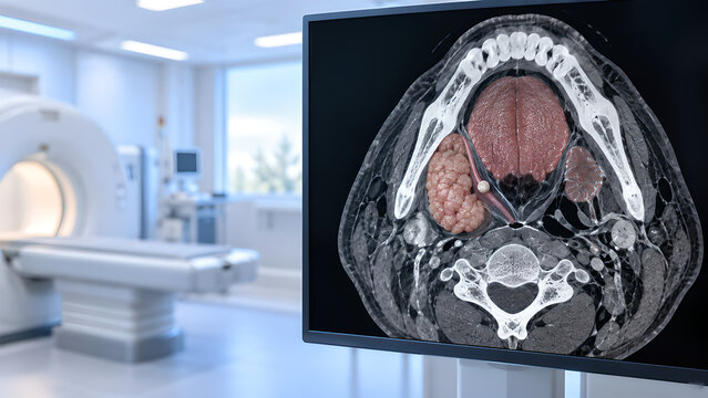 Salivary gland stone early-stage radiology concept with realistic diagnostic imaging, subtle sialolithiasis focus, clean hospital setting for healthcare, medical education, and patient communication