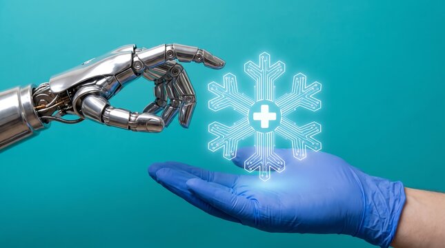 Robotic hand holding a glowing snowflake medical symbol representing artificial intelligence and healthcare technology