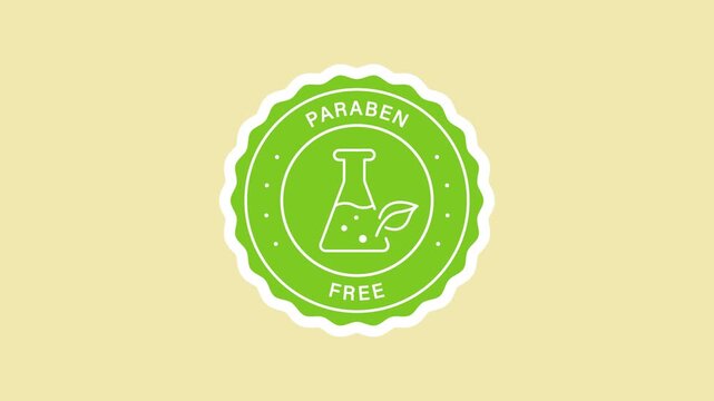 Paraben-free cosmetic safety sticker animation with a green circular badge on a transparent background. Chemical-free cosmetic ingredient. Seamless animated icon. 4K video overlay isolated element.