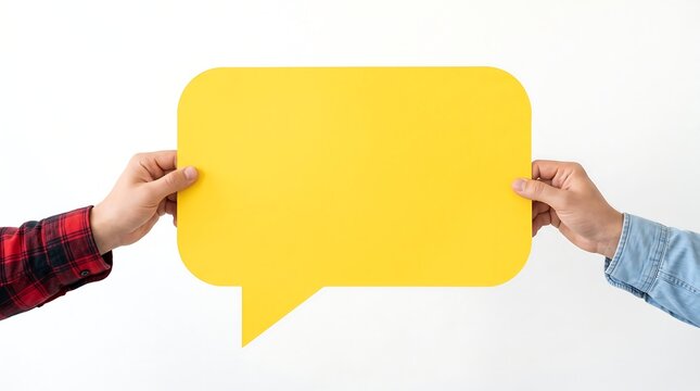 Two hands holding a yellow speech bubble against a white background representing communication and dialogue