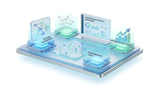 Performance insights dashboard featuring pattern recognition and data analytics modules on a glowing digital platform with 3D interface