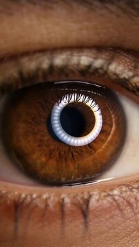 Vertical video: Reacting to fingertip entry, eye blinking, focusing in closeup, LED ring visible
