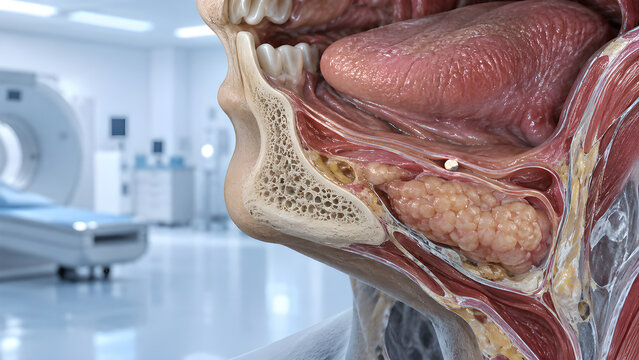 Salivary gland stone early-stage radiology concept with realistic diagnostic imaging, subtle sialolithiasis focus, clean hospital setting for healthcare, medical education, and patient communication