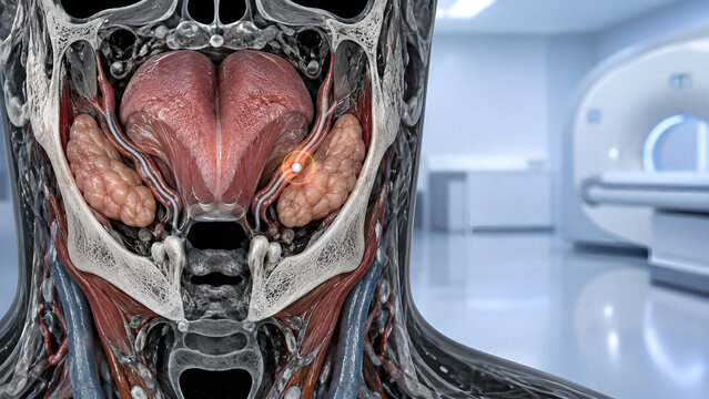Salivary gland stone early-stage radiology concept with realistic diagnostic imaging, subtle sialolithiasis focus, clean hospital setting for healthcare, medical education, and patient communication