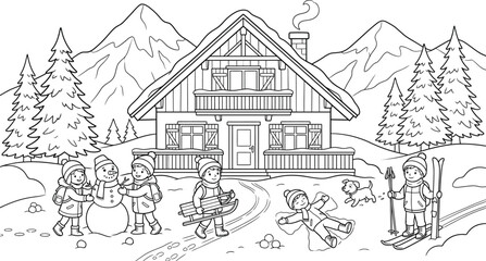 Naklejka premium Winter-Cabin Children Snow Activities Coloring Page