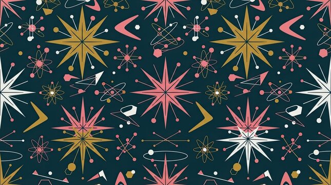 Retro mid century modern seamless pattern with colorful stars and boomerangs