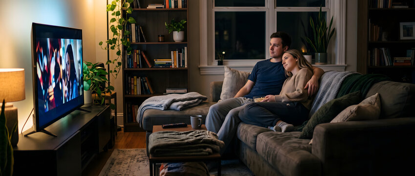 A couple sits closely on a sofa in a cozy home living room at night, watching television together in a relaxed manner.