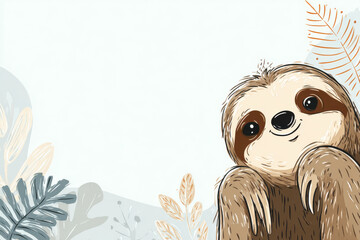 Fototapeta premium Smiling sloth relaxing and emerging from tropical leaves background