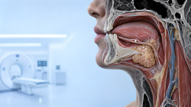 Salivary gland stone early-stage radiology concept with realistic diagnostic imaging, subtle sialolithiasis focus, clean hospital setting for healthcare, medical education, and patient communication