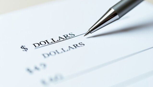 Pen tip poised to write an amount on a document with DOLLARS printed, symbolizing banking, finance, and payment processes
