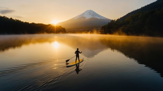 Solo Paddleboarder at Sunrise on Mount Fuji Lake