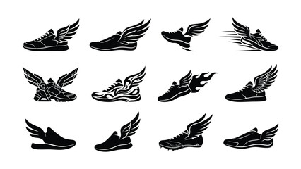 Obraz premium Black and white sneakers with wing and flame graphic design elements