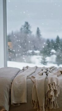 Vertical video: Panning camera revealing daybed, fringed throw and towels at cabin window with snow