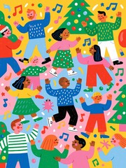 Fototapeta premium Vibrant Holiday Celebration Poster with Colorful People, Christmas Trees, and Festive Music Notes