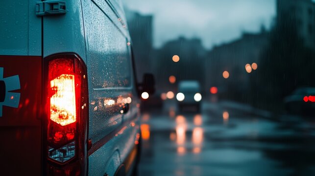 Ambulance Siren on Rainy Night: A rear view of an ambulance with its flashing red taillight visible on a wet city street at night, with other cars and blurry buildings in the background.