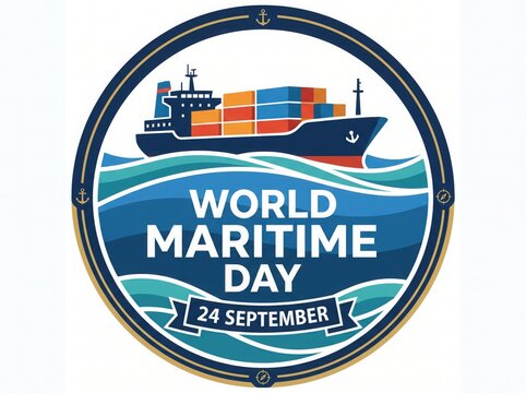 World maritime day emblem with a cargo ship on stylized ocean waves, featuring a circular frame with nautical symbols
