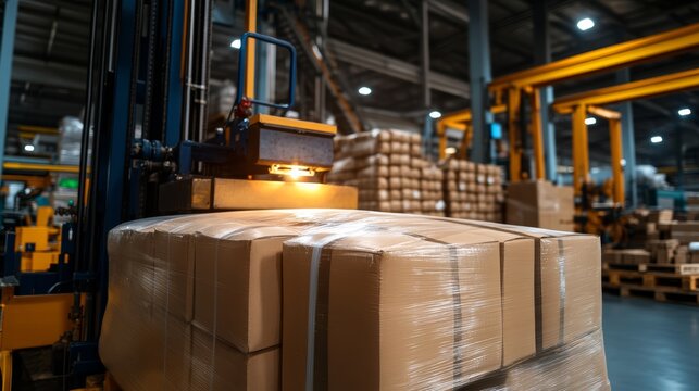 Warehouse Logistics: A forklift prepares to move a pallet of cardboard boxes wrapped in plastic film within a busy industrial warehouse, showcasing efficient storage and distribution operations.