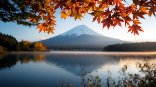 Mount Fuji Serenity: A majestic snow-capped Mount Fuji reflects in a tranquil lake, framed by vibrant autumn maple leaves, evoking a sense of peace and natural beauty.