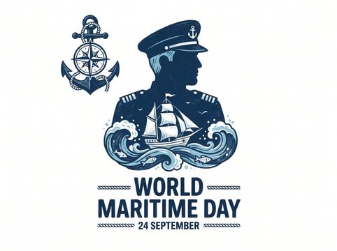 World maritime day with captain silhouette, sailing ship, and anchor isolated on white background