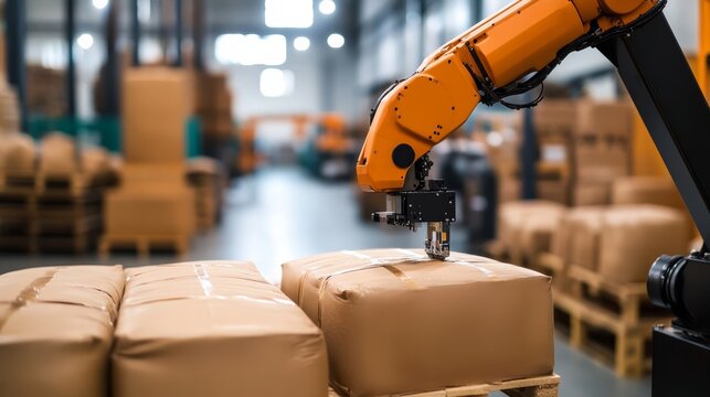 Automated Warehouse Operations: A robotic arm meticulously picks up a package in a modern warehouse, showcasing the efficiency of automation and advanced logistics in industry.