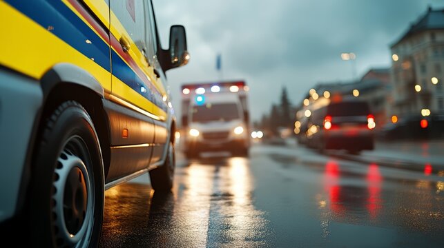 Emergency Response: Ambulances navigate a wet city street at dusk, their emergency lights flashing amidst the rain, signaling urgent medical assistance in a tense urban environment.