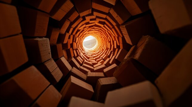 A Glimmer of Hope Down a Well: Looking down a deep, circular well constructed with brick, a bright light illuminates the bottom, suggesting escape or a distant destination.