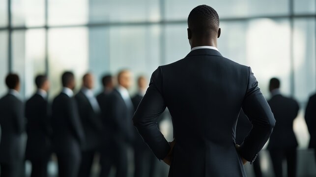 Visionary Leader: A man in a sharp suit stands with his back to the camera, facing a group of similarly dressed individuals, symbolizing leadership and strategic direction.