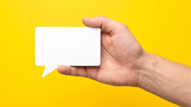 Hand holding a blank white speech bubble cutout against a vibrant yellow background for communication concepts