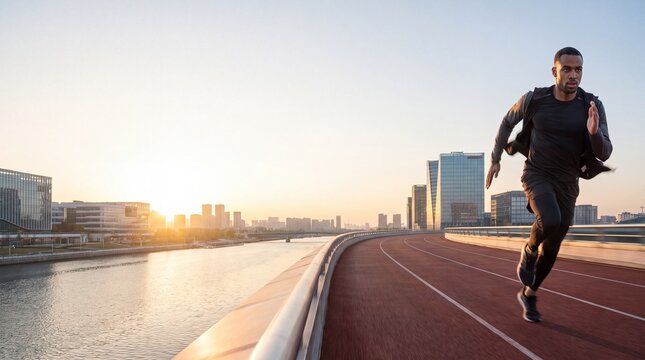 Determined male runner sprinting on an outdoor city track at sunset
