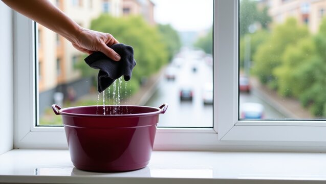 Hand wringing wet microfiber cloth over a red plastic basin on a window sill while cleaning at home