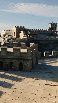Vertical video: Panning camera after cue, revealing castle courtyard, cracked paving and ramparts