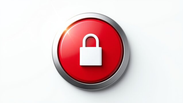 Red circular button displaying white padlock icon, symbolizing digital security, privacy, and access control