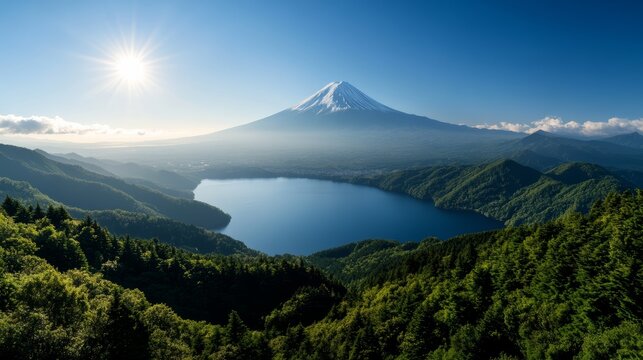 Majestic Fuji: A breathtaking panoramic view of Mount Fuji, snow-capped and iconic, reflecting in the tranquil waters of a caldera lake below, under a brilliant sun-drenched sky.