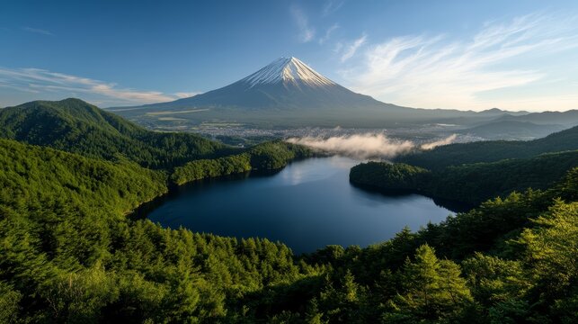 Majestic Mount Fuji Over Calm Lake: An iconic snow-capped Mount Fuji stands proudly against a clear blue sky, its reflection shimmering on the tranquil surface of a deep blue lake.