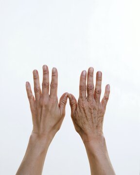 Young and older hands shown together against a bright background, illustrating biological age, visible aging and longevity research with large copy space for health content