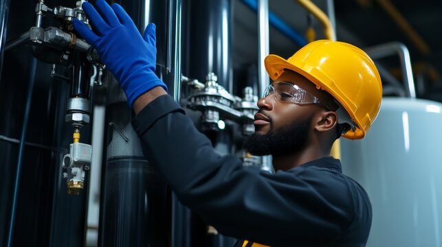 Industrial Technician at Work: A focused industrial technician wearing a hard hat and safety glasses meticulously adjusts a piece of heavy machinery in a factory setting.
