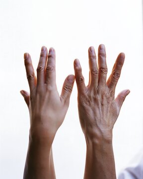 Two hands with contrasting signs of skin aging raised against white background, representing biological age, aging differences and longevity science for healthcare content