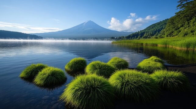 Mount Fuji Reflection: A majestic Mount Fuji stands tall, its snow-capped peak reflected perfectly in the calm, mirror-like surface of a serene lake, surrounded by lush greenery and mist.