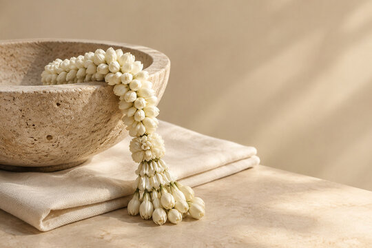 Sampaguita garland draped over travertine bowl with linen napkin, still life concept