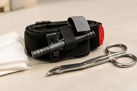 Coiled military tourniquet and steel scissors beside gauze, emergency first aid concept