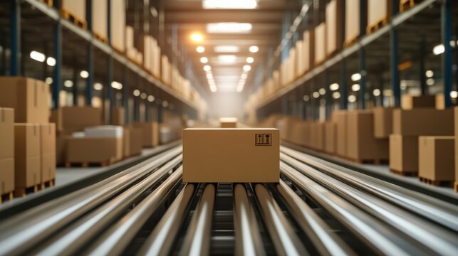 Automated Warehouse Conveyor Belt: A focused shot on a cardboard box moving along a roller conveyor system within a vast, illuminated warehouse filled with shelves of goods.