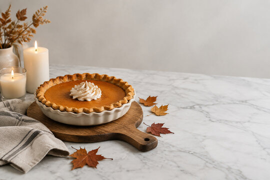 Marble counter with pumpkin pie, candles and linen cloth, autumn baking and home concept