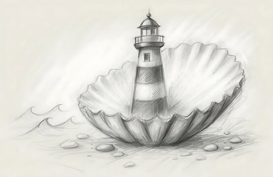 Pencil drawing of a lighthouse inside a giant seashell on the beach