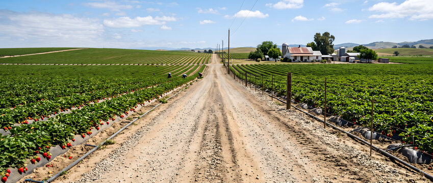 A rural strawberry farm with neat crop rows, a dirt road, and farm buildings under a bright blue sky.