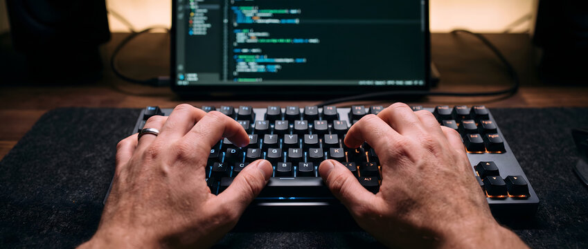 A person types on a mechanical keyboard while viewing code on a laptop screen in a workspace.