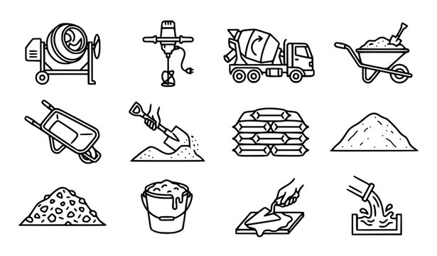Cement Mixer Wheelbarrow Sand and Concrete Construction Line Vector Icons