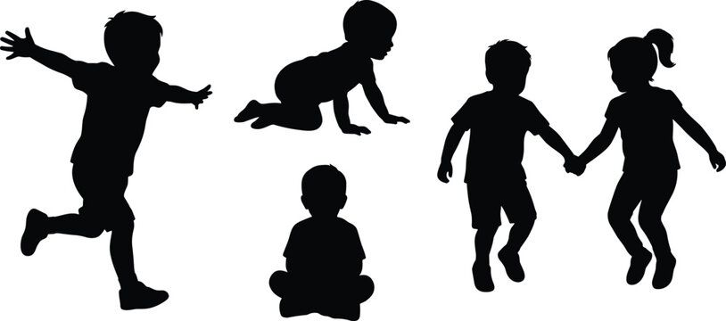 PrintChildren silhouettes in playful poses running, crawling, sitting and holding hands isolated on white background