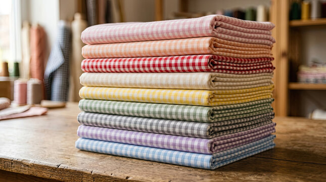 Stack of colorful checkered fabric napkins folded neatly on a wooden workshop table with checkered textiles workshop colorful material tablecloth assorted