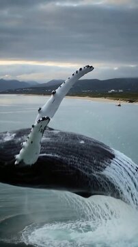 Vertical video: Breaching humpback whale powering upward, rising and turning near bay