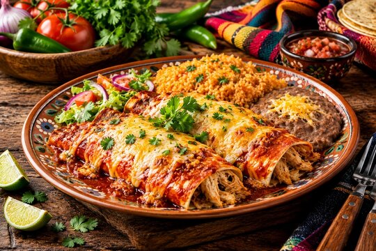 Cheesy Chicken Enchiladas with Spicy Red Sauce, Mexican Rice and Refried Beans